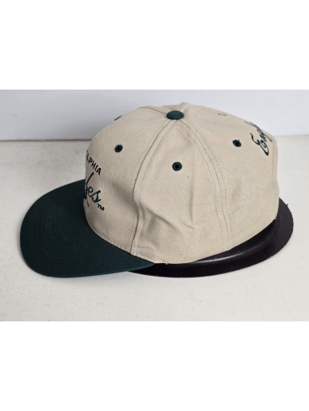 Vtg Philadelphia Eagles Strapback Hat Tan Black Drew Pearson Script NFL 90s New - Picture 2 of 7